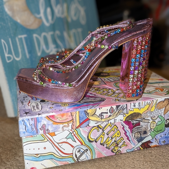 Jeffrey Campbell Size 8 Unite Pink Metallic Bright Multicolored Rhinestones Heel - Picture 7 of 10